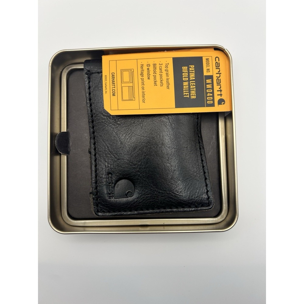 CARHARTT Men's WW0400 Patina Bifold Black Leather Wallet NIB Gold Metal Box